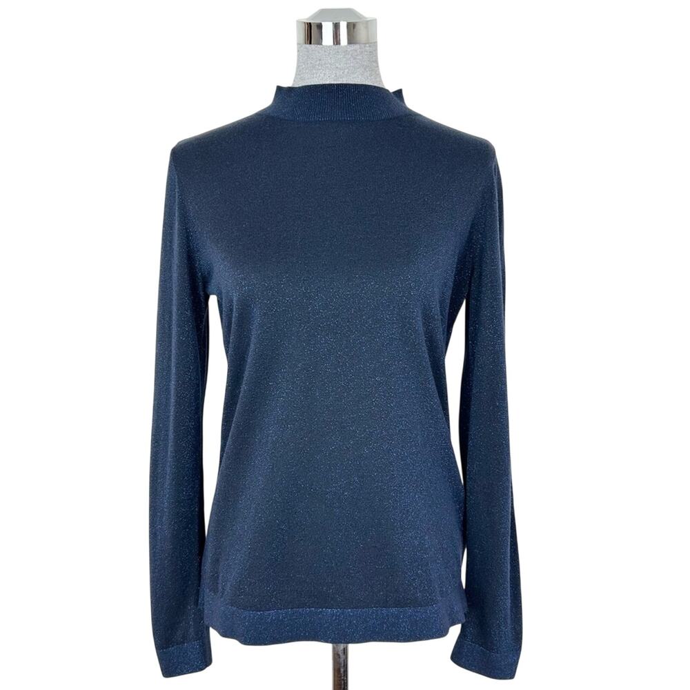& Other Stories Shimmer Navy Blue Mock Neck Long‎ Sleeve Knit Top